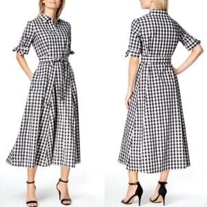 Calvin Klein Women's Check Gingham Tie Belted Shirt Dress Black White Pockets 2
